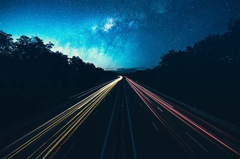 Night Sky Road Lights Stars Wallpapers Hd Desktop And Mobile