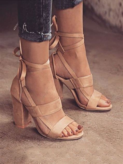Fashion Solid Color Chunky Heeled Sandals Lace Up Sandals Lace Up