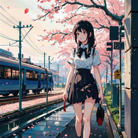 1024x1024 Anime Girl Cherry Blossom Train Looking Away 4k 1024x1024