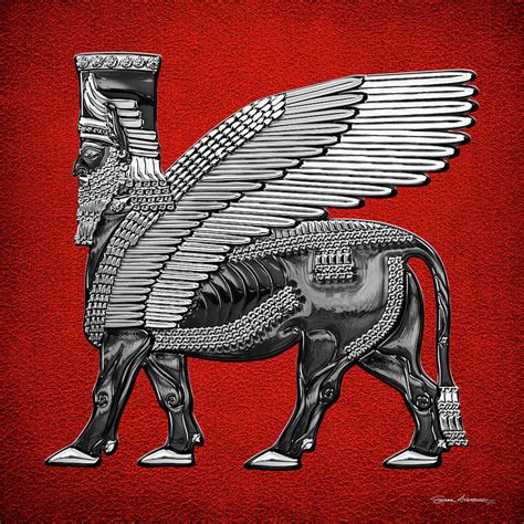 Assyrian Winged Bull Silver And Black Lamassu Over Red Leather