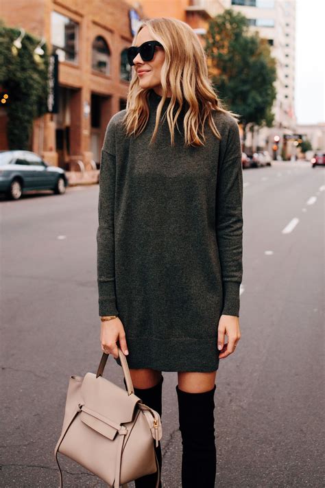Blonde Woman Wearing Everlane Cashmere Sweater Dress Celine Mini Belt Bag Black OTK Boots Outfit