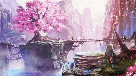 Download 1920x1080 Anime Landscape Cherry Blossom Bridge