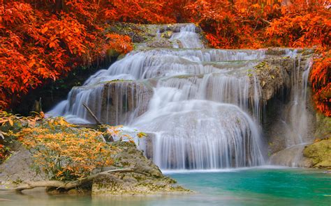 Waterfalls Autumn Trees Red Leaves Wallpaper Nature And Landscape