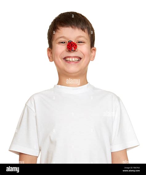 Boy With Ladybug Look On Nose And Make Faces Teenager Fun Portrait