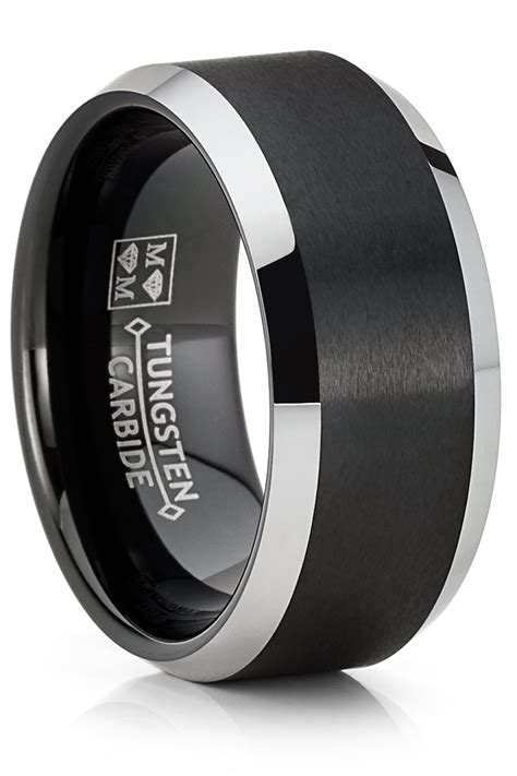 Mens Tungsten Carbide Ring Black Two Tone Brushed Wedding Band Comfort