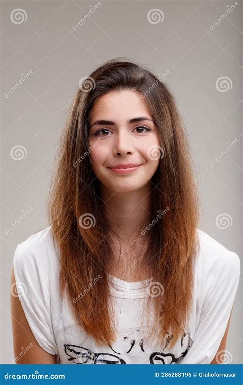 Long Haired Girl Smiles Adolescence Symbolizes Growth Stock Photo