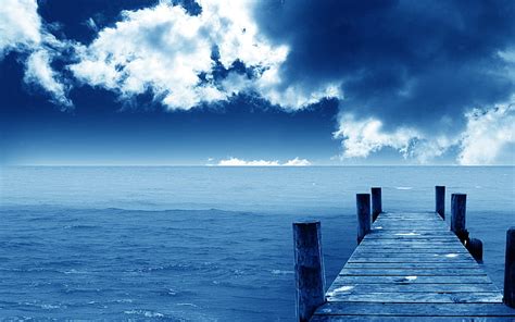 Dock Ocean Blue Clouds Hd Brown Wooden Platform And Large Bodies Of