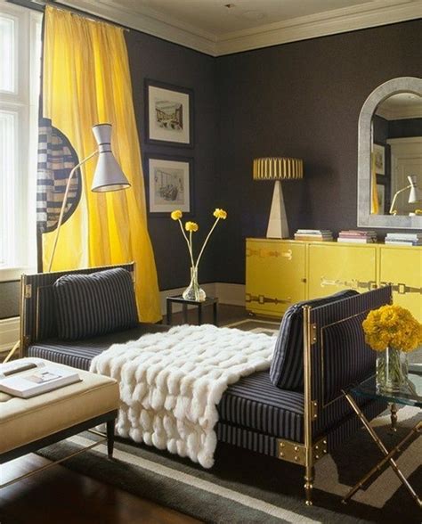 Yellow And Gray Living Room Design With Charcoal Gray Walls Paint Color