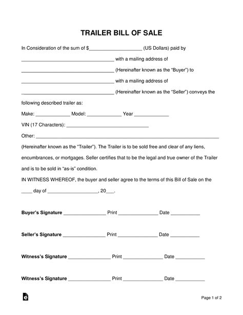 Bill Of Sale Form For Enclosed Trailer Bill Of Sale Form