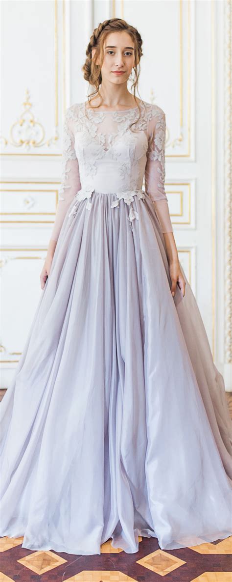 Lavender Wedding Gown With Sheer Sleeves And Floral Appliques Floating