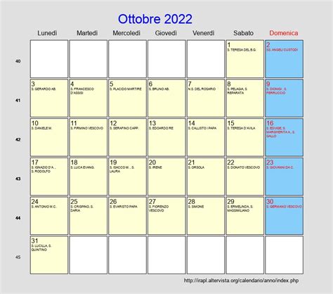 Calendario Ottobre 2022 Con Festività E Fasi Lunari