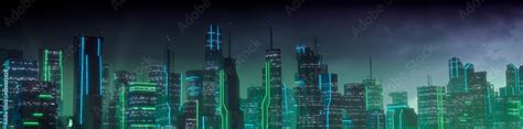 Sci Fi Cityscape With Green And Blue Neon Lights Night Scene With