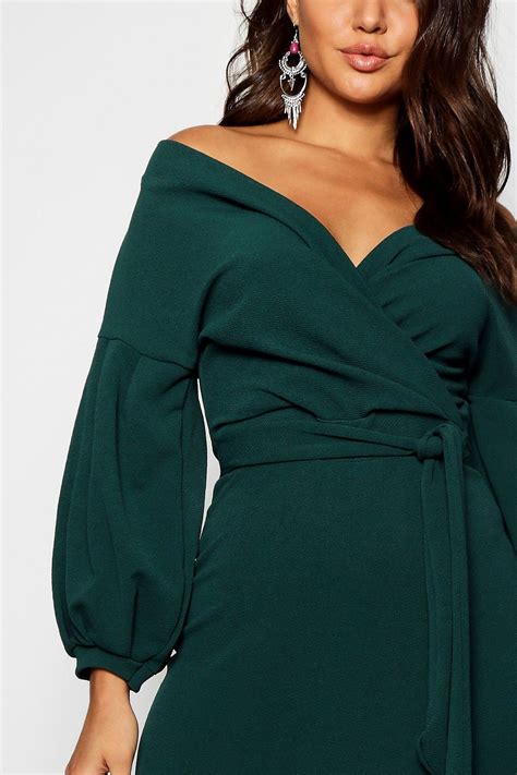 Off The Shoulder Wrap Midi Dress Wedding Guest Outfit Winter Midi
