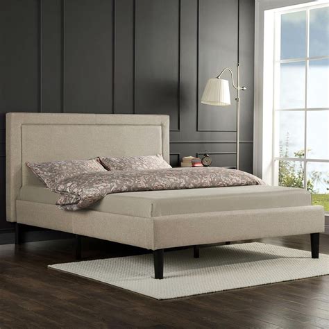 Full Size Taupe Upholstered Platform Bed With Classic Headboard