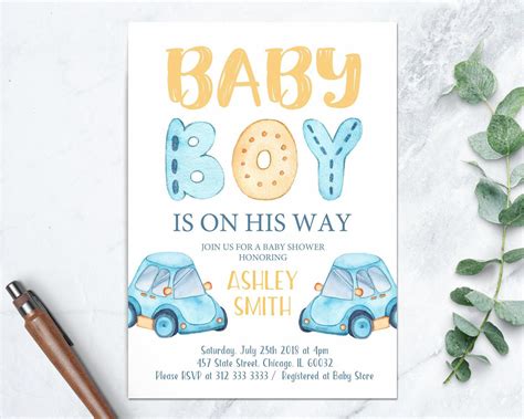 Car Theme Transportation Baby Shower Printable Invitation Etsy