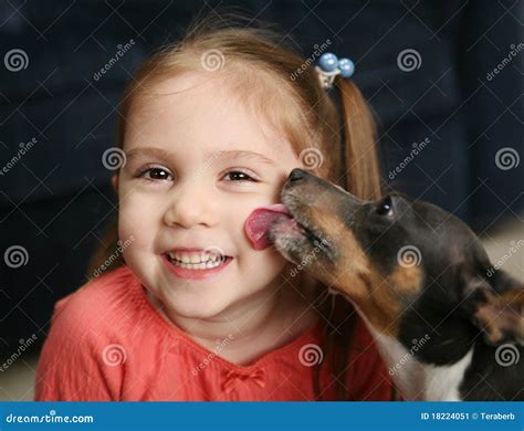 Cute Girl Being Licked By A Dog Stock Image Image Of Brown Lick