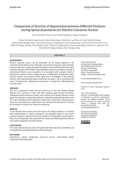 Pdf Comparison Of Severity Of Hypotension Between Different Positions