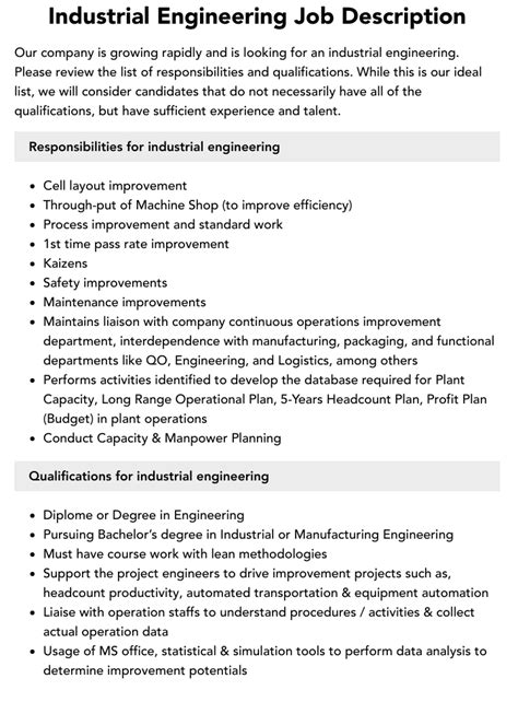 Industrial Engineering Job Description Velvet Jobs