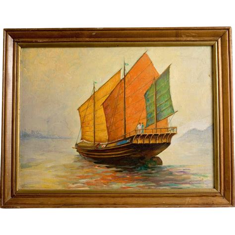 Vintage Oil Painting Chinese Junk In The Manner Of Anton Otto Fischer