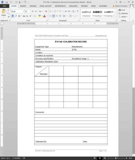 Iso22000 Fsms Calibration Record Template Word