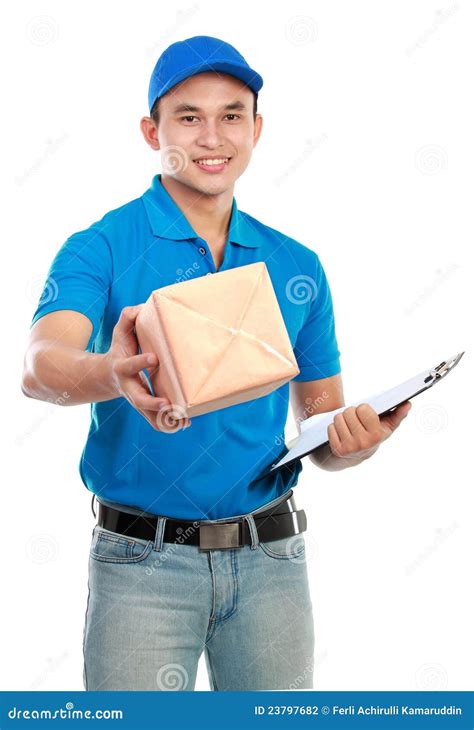 Delivery Man In Blue Uniform Stock Photo Image Of Attractive Courier