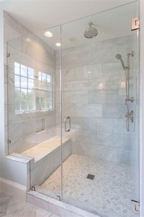 Walk In Glass Shower With Built In Shower Seat And Marble Shower Walls