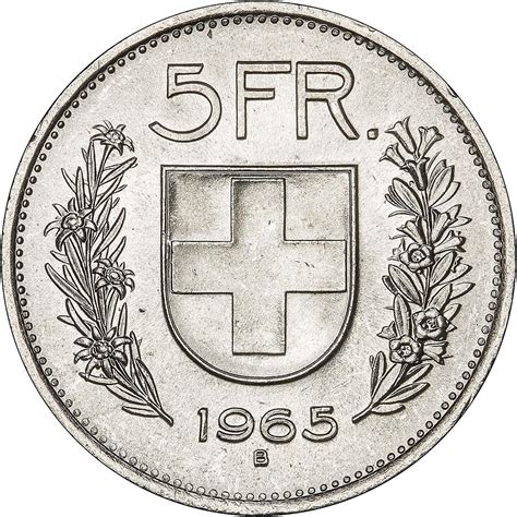 1965 Switzerland Silver 5 Francs Uncirculated Coin L Chard