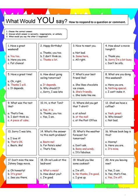 Speaking Cards Responses To Everyday Idioms With Key Worksheet Free