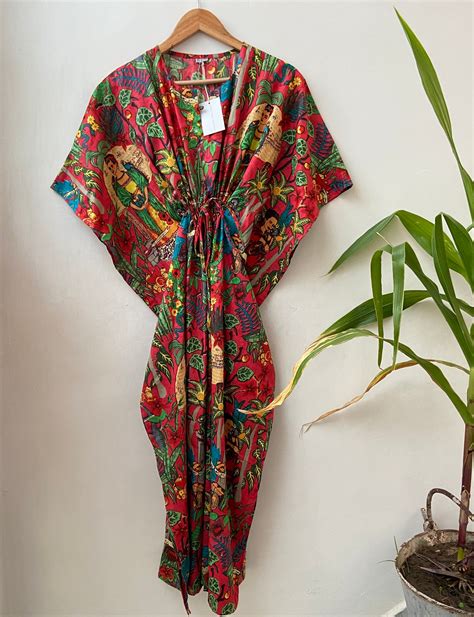 Indian White Frida Kahlo Print Cotton Hippie Maxi Women Nightwear Caftan Dress Get The Product