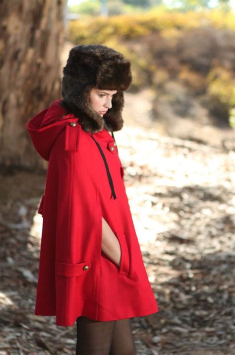 Red Winter Cape Wool Hoodie Cape Double Breasted Hooded Coat Winter