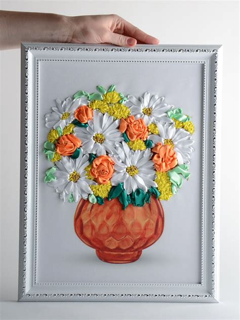 These easy satin ribbon flowers can literally be used anywhere and for any occasion. Unusual handmade satin ribbon embroidery wall hanging Vase ...