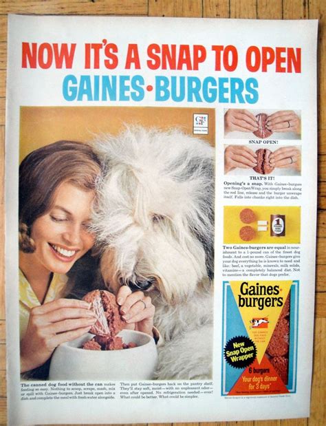 The product consisted of individually wrapped patties of moisturized dog food that resembled a hamburger. 1965 English Sheep Dog Gaines Burgers Dog Food Original 13 ...