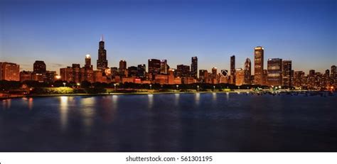 Chicago Skyline Night Over Lake Michigan Stock Photo 561301195