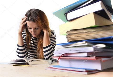 Young Stressed Student Girl Studying And Preparing Mba Test Exam In