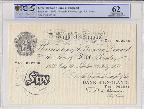 1952 Bank Of England P S Beale White £5 Five Pound Banknote Y45 092586