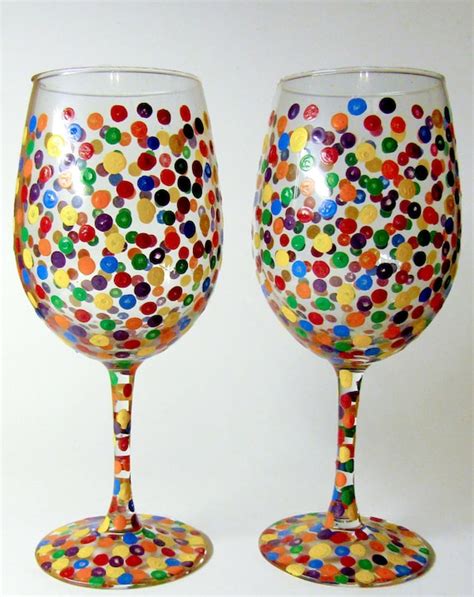 Hand Painted Wine Glasses Rainbow Polka Dot Colorful Decorated