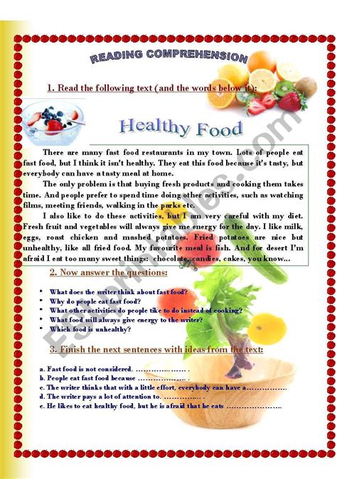 Eat Healthy Food Reading Comprehension Worksheets Reading My