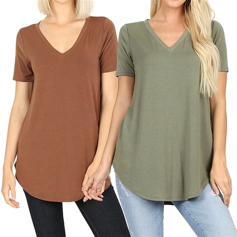 Women Short Sleeve V Neck Round Hem Relaxed Fit Casual Tee Shirt Top 2pk Lt Brownlt Olive