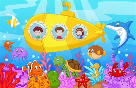 Dibujos Animados De Niños Felices En El Submarino En El Mar Stock