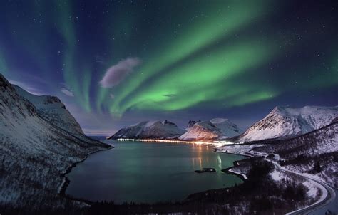 Wallpaper Sea Mountains Night Northern Lights Norway