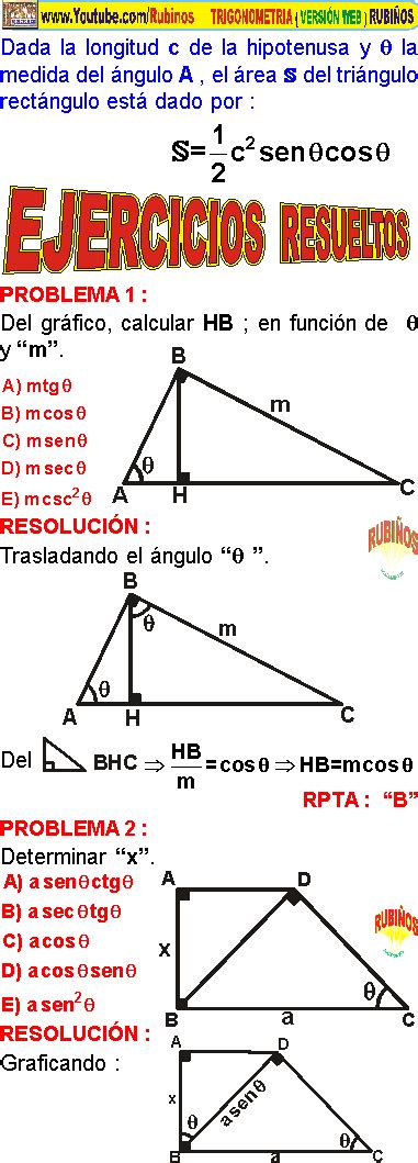 RESOLUCIÓN DE TRIÁNGULOS RECTÁNGULOS EJEMPLOS Y PROBLEMAS RESUELTOS CON