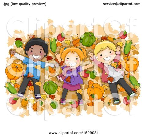 Clipart Of A Group Of Children Lying On Autumn Leaves With Harvest