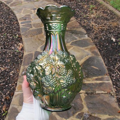 Antique Imperial Helios Green Loganberry Carnival Glass Vase Carnival