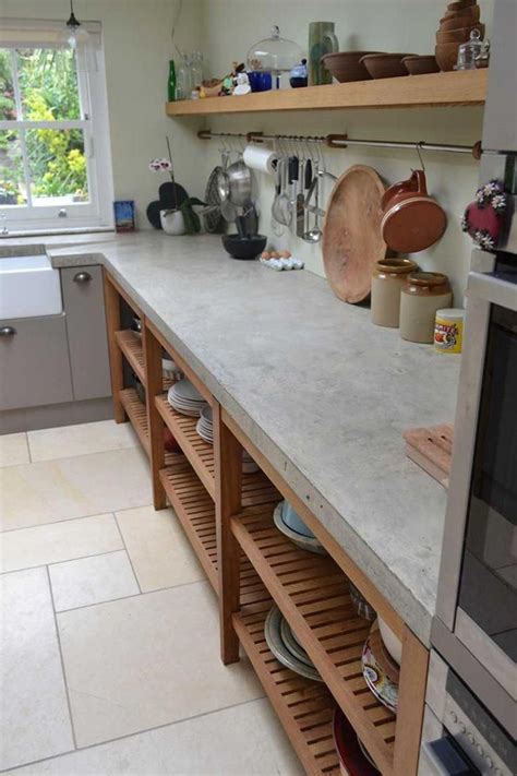 The case for open shelving. concrete countertops and open slat lower cabinets | Open ...