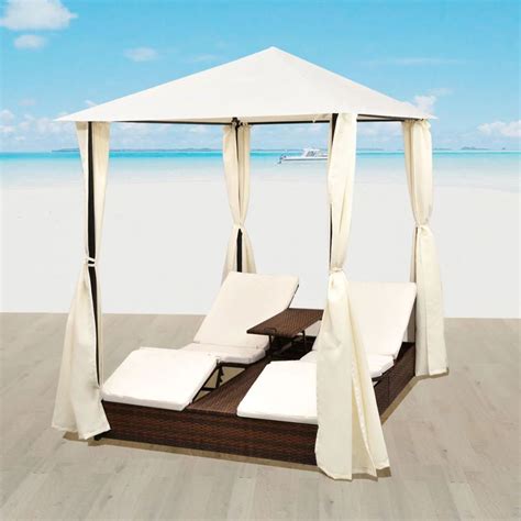 Vidaxl 2 Person Outdoor Daybed With Curtains Poly Rattan Brown