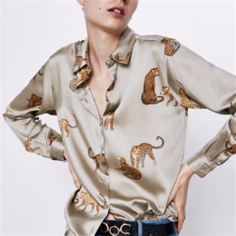 Zara Tops New Zara Leopard Tiger Green Button Blouse Satin Poshmark