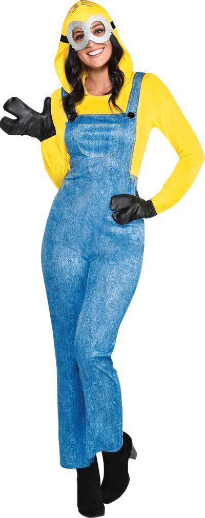A Woman Dressed As A Minion In Overalls And A Yellow Shirt With Black