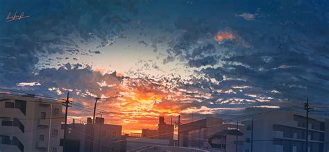 Anime City Sunset Buildings Clouds Dawn Scenic Anime Hd