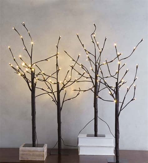 Pre Lit Birch Twig Trees Set Of 4 Brown Plow And Hearth