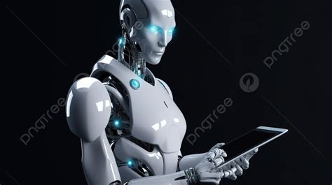 جهاز لوحي رقمي يحمله سايبورغ ثلاثي الأبعاد أو إنسان آلي بذكاء اصطناعي